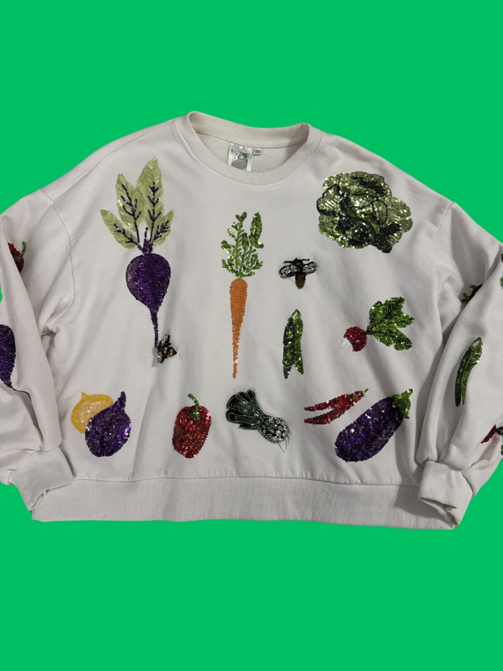Queen Of Sparkles | White Sequin Veggie Sweatshirt